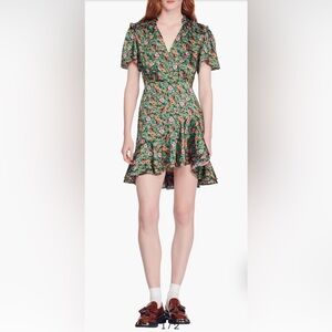 green Sandro Marta floral-print satin mini dress.